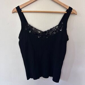 Vintage WR Black Silk Blend Ribbed Camisole Lace Sequin Tank Medium Grunge Fairy